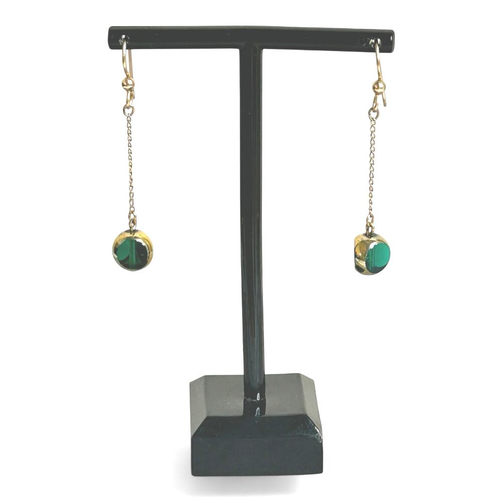 Modern Minimalist Jewel Tone Green Dangle Drop Chain Gold Tone Earrings
